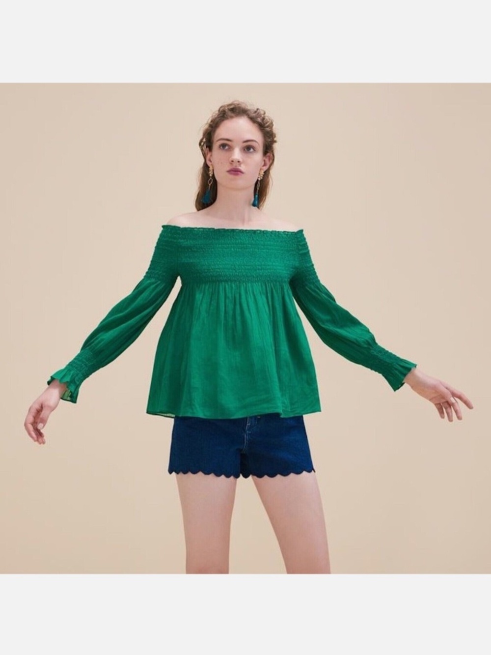 Maje Lafyr Top Blouse Green Long Sleeve Smocked Off Shoulder M